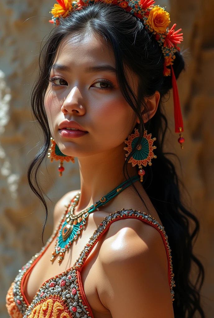 Ethnic Tattoos、woman、High resolution, National costume、One girl, Golden Eyes, Colorful Accessories、Black Hair、