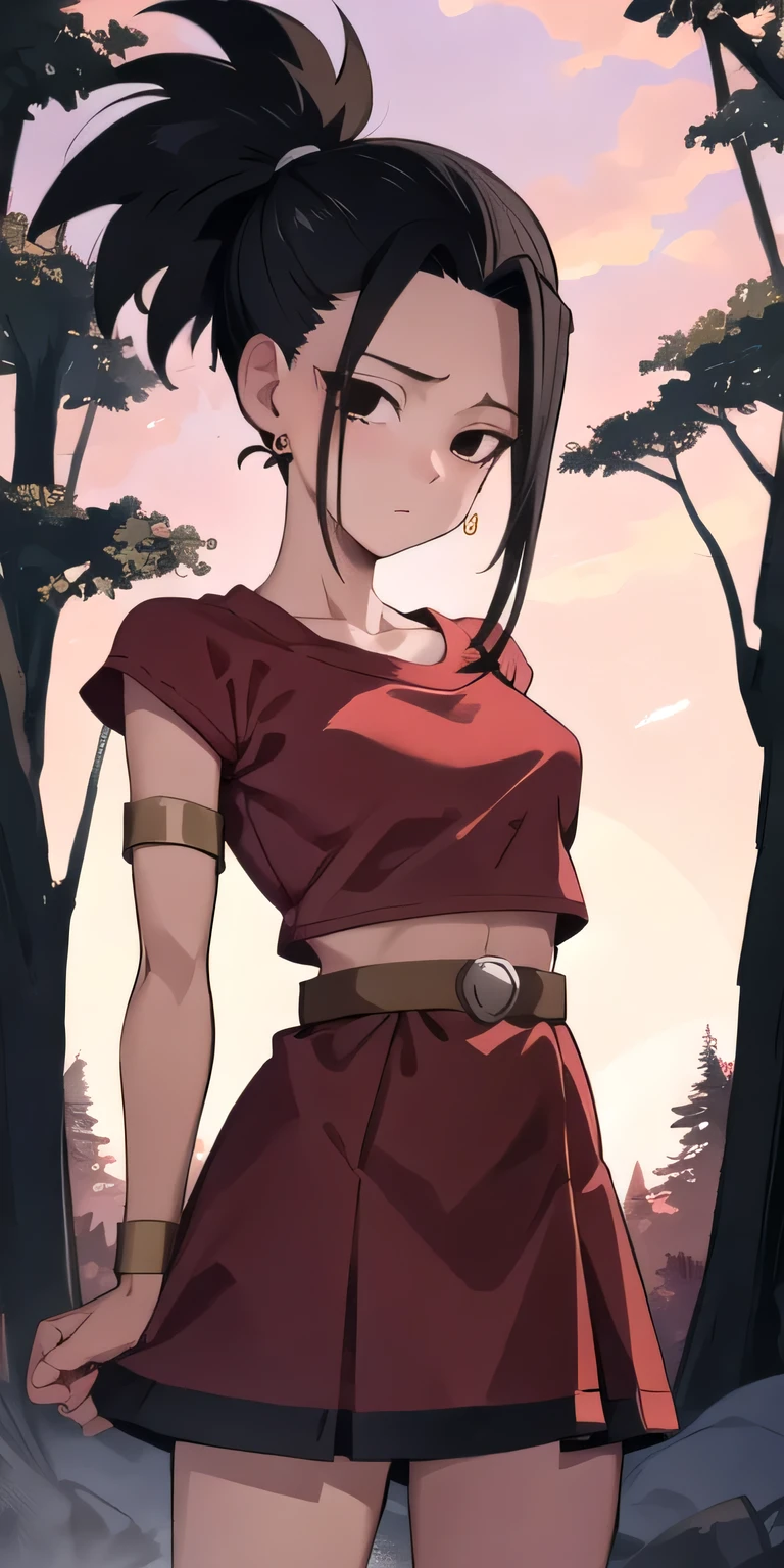 artwork, best quality, Kale, black eyes, ponytail, top cut, armband, red skirt, torso, standing, looking at viewer, nervous, In a clearing of an enchanted forest at dusk, bathed in the golden light of the setting sun, close up Light brown girl, black hair, shy look, nsfw, heat, in love, looking at the viewer,clear skin