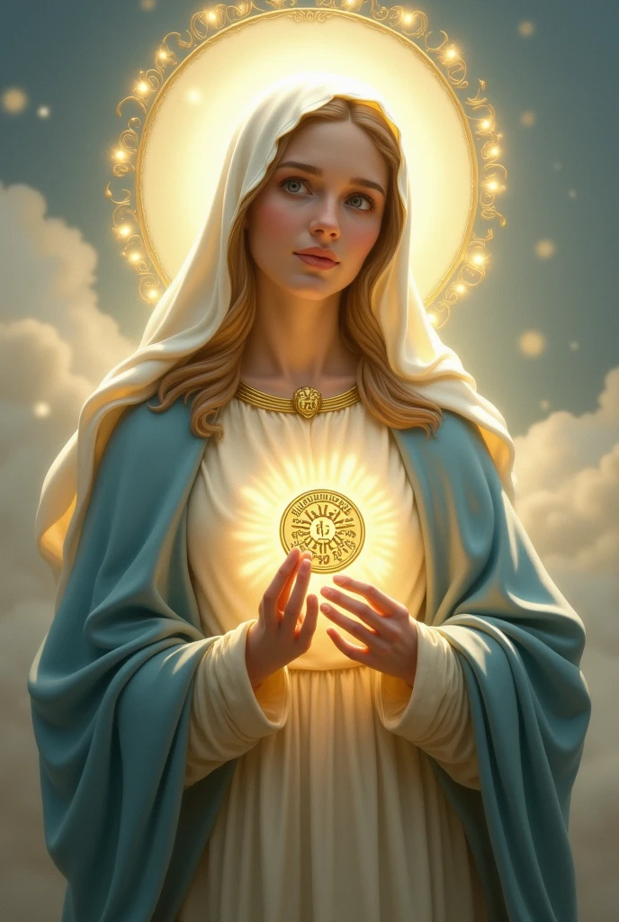 "Create an image of the Virgin Mary with a serene and maternal expression. She should be wearing a blue and white cloak, symbolizing purity and protection. The background can be a heavenly environment with a soft, golden light, highlighting her figure. Her expression should convey calm and compassion, and around her there can be small details such as flowers or stars to accentuate the divine atmosphere."