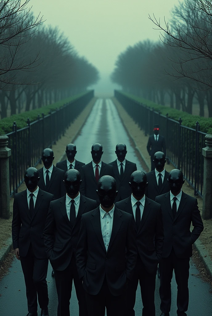 Several men are standing, in einer Reihe, in einem Wald, Wearing business suits and gas masks, It's gloomy and foggy, Realistischer Lichteinfall, realistische Schatten, Details, fotorealistisch