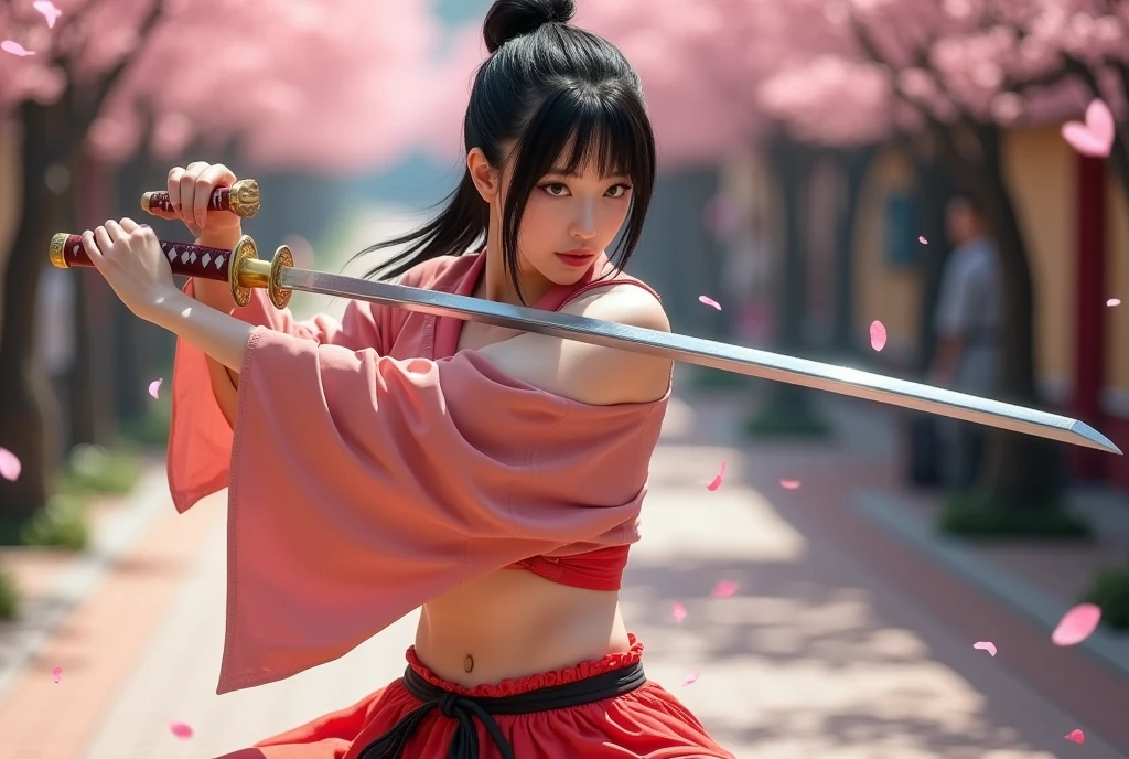 a cute sexy samurai (cute, age 25, battle hairstyle, sexy fighting robes legs exposed, katana) is in a fighting stance, she is practicing her weapon katas in a rain of cherry blossom petals
