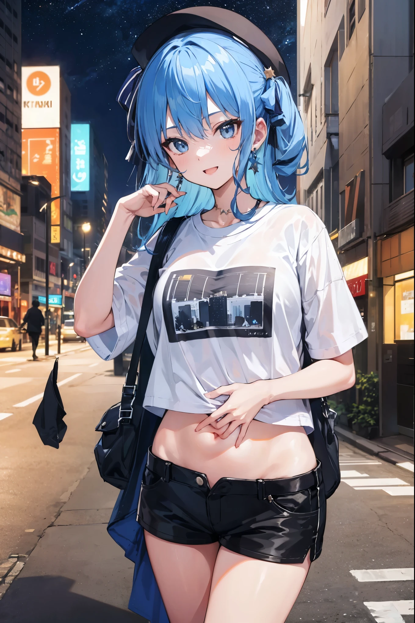 masterpiece, best quality, integrated scenery, integrated background, extremely delicate and beautiful, meticulous details, good composition, , cute face, perfect face, perfect hands,(8k、Best image quality、highest quality)、Detailed face、 1teen_girl、Blue Hair、Long Hair、sideponytail、dark_blue_eyes、smile,(peek_navel:0.7),(small_breasts:0.5),(White_T-shirt:1.3)、Off_shoulder、Black shoulder straps、(open_front_shorts,denim_short_shorts:1.2)、City Background, starry_sky_landscape ,hoshimachi suisei, (belly_button:1.2),nihil,solo,stargaze,girl_looking_up_sky,slender,solo,boots,abs, tight_waist, point_to_sky,slender_thighs,knees