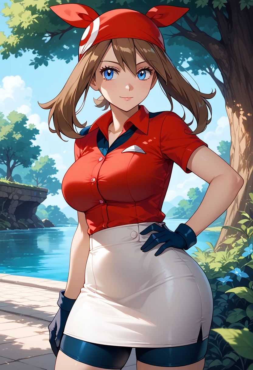 Perfect CG unity 8K UHD wallpaper, Perfect CG unity 8K UHD wallpaper, pokemonmay, blue eyes, brown hair, bandana, long hair, red bandana, twintails, hair between eyes, bike shorts, collared shirt, gloves, microskirt, multicolored shirt, pencil skirt, red shirt, shirt, short sleeves, skirt, white skirt, cowboy shot, outdoors, under bridge, standing, large breasts