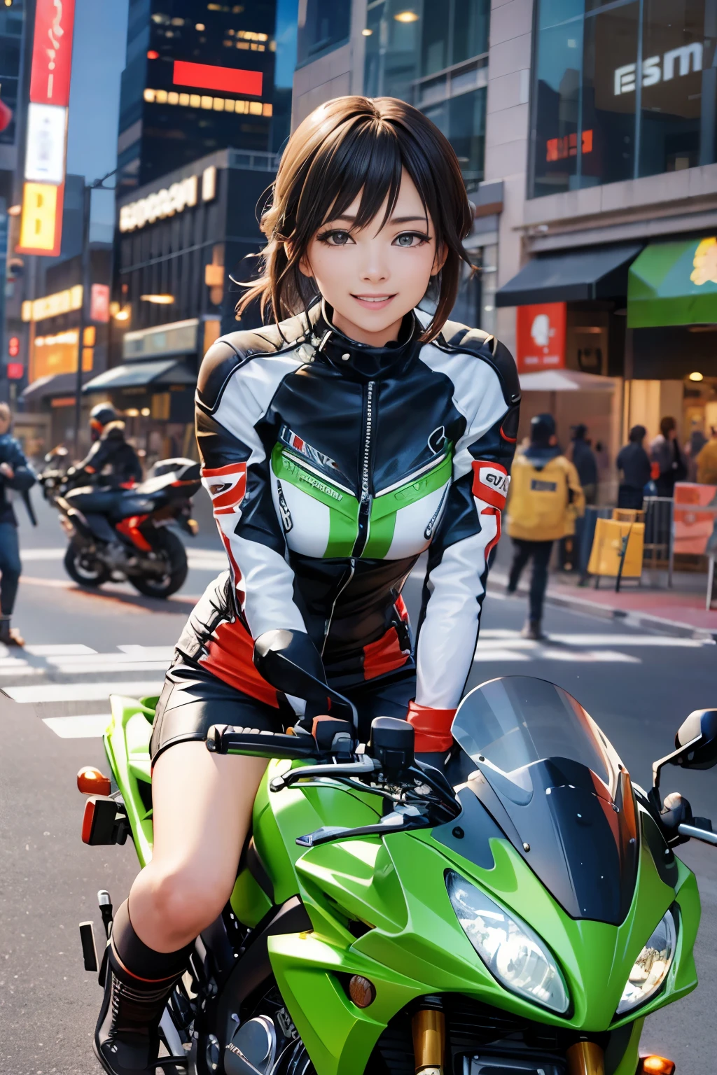 Japan riding a bike,Happy!!!, , motorcycle,[ realistic pictures ]!!, High resolution,