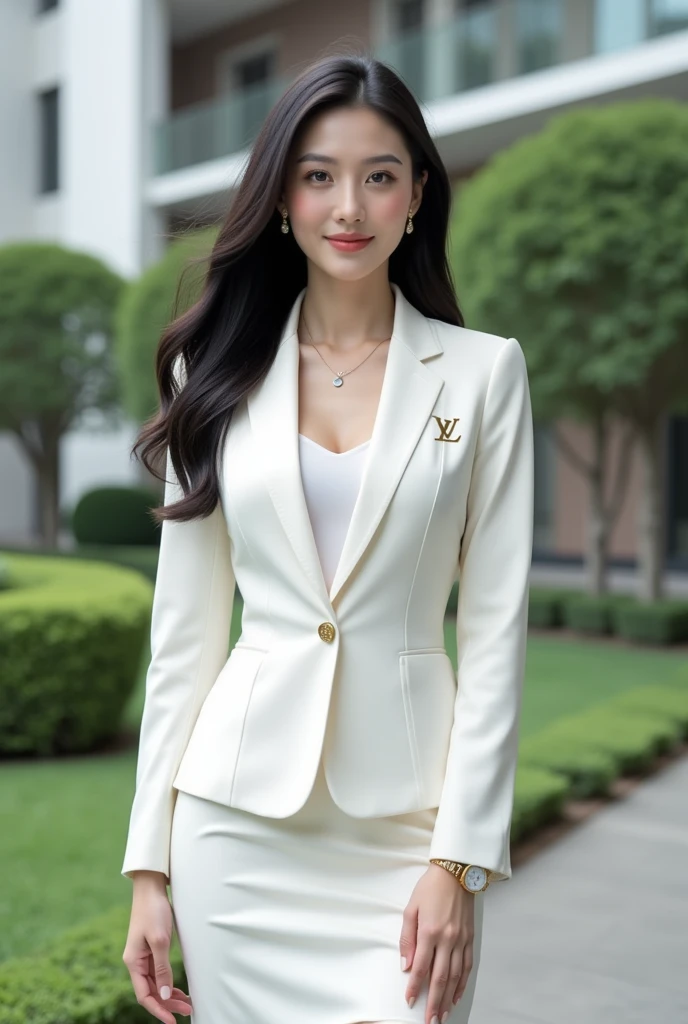 ((masterpiece)), (Photography), (realistic), ultra detailed, 8K, A woman stunningly beautiful, Louis Vuitton is famous brand, captured as though through a high-performance camera. She has an elegant and poised appearance with long, flowing black hair and a gentle, refined expression. Her uniform is a pristine white blazer, exquisitely tailored and accented with gold Louis Vuitton logos embroidered subtly throughout the fabric. The blazer is paired with a matching white skirt and a sophisticated white blouse, creating a harmonious and luxurious look. Accessories include a delicate gold LV logo pendant necklace and a slim gold watch, adding a touch of glamour. The setting is a prestigious academic institution with sleek modern architecture and verdant gardens in the background, enhancing her polished and serene presence. The image is portrait-oriented, emphasizing her graceful style and the upscale, refined environment.