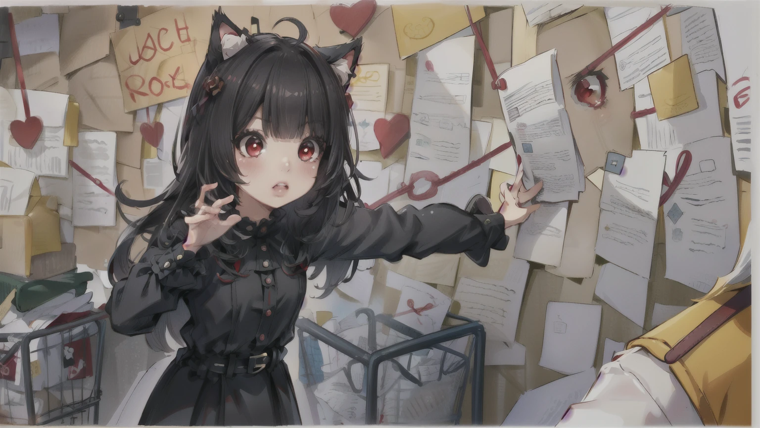 ( masterpiece ,  better quality ),   intricate takes off ,
1 girl,  junkotvv,  long hair , (Ojos rojos:1.5),  animal ears, black hair,  Cat ears,  curly hair ,  straight bangs , (small chest:1),,  long sleeves, Bermuda, black shirt, 
 PepeSilviaMeme, wall, paper,(manos perfectas)