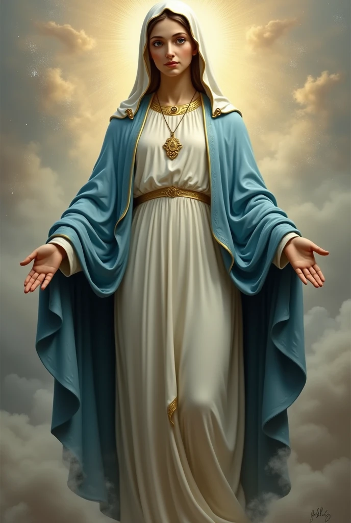 The Immaculate and Beautiful Virgin Mary's Whole Body、She is wearing a reddish-beige tunic with a sky-blue cloak and veil.