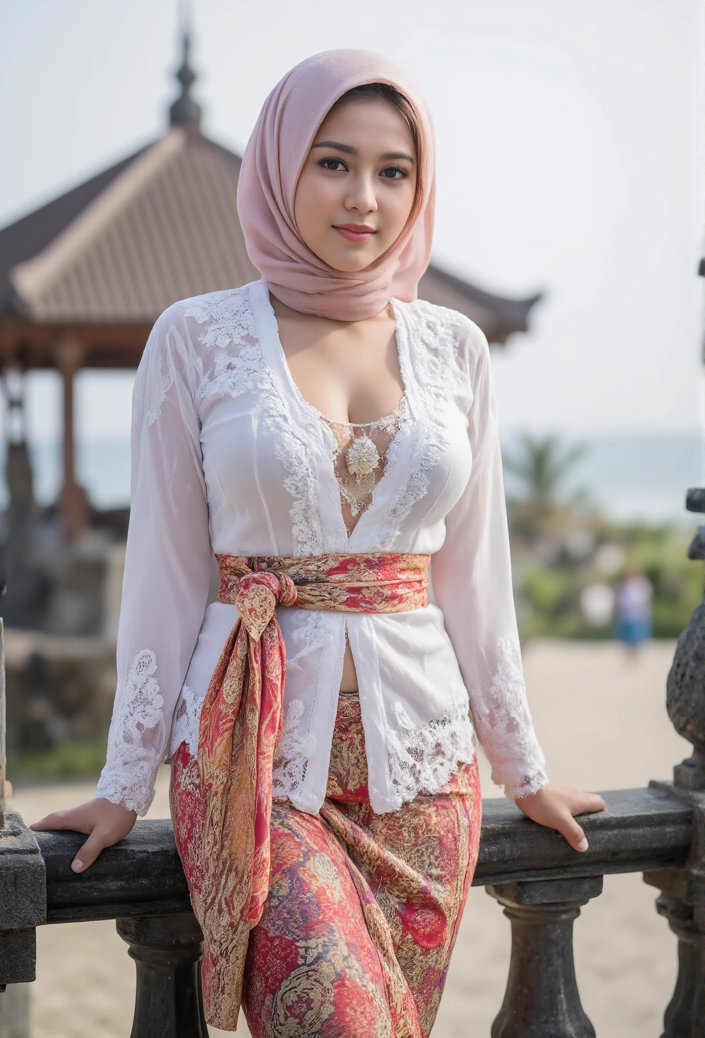 (masterpiece, best quality:1.2), 1 hijab girl, (((wearing hijab))), (large breast, cleavage cutout), Alone, flower,unbuttoned kebaya_Bali, unbuttoned white_kebaya_bali with gijab, mid shot, close up, stands on bridge, smiling, Bali temple background, beach
