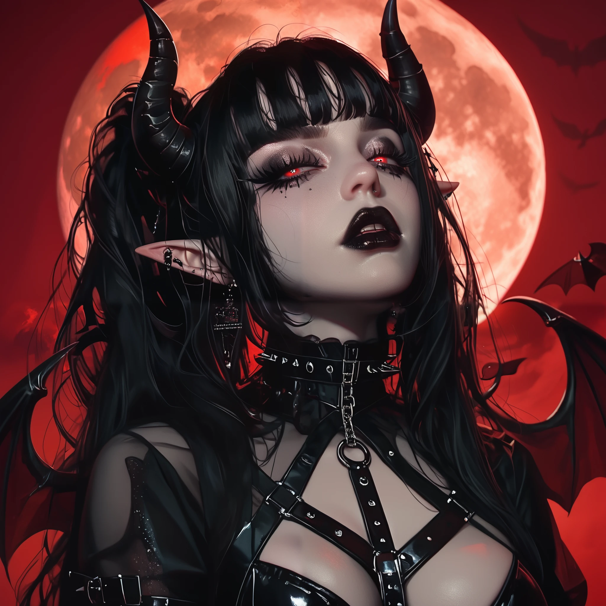 ((Masterpiece)) , ((highres)), ((full moon background)), a beautifully female,  ((long black hair)), demon horns, demon tail, defined lips, black lipstick, defined eyes, red iris, black pupil, long eyelashes, dark eyeshadow, defined nose, elf ears, large breast, hour glass figure, big butt, large breast, dominatrix style dress, o ring collar, clear face, HD face, gothic, gothic style