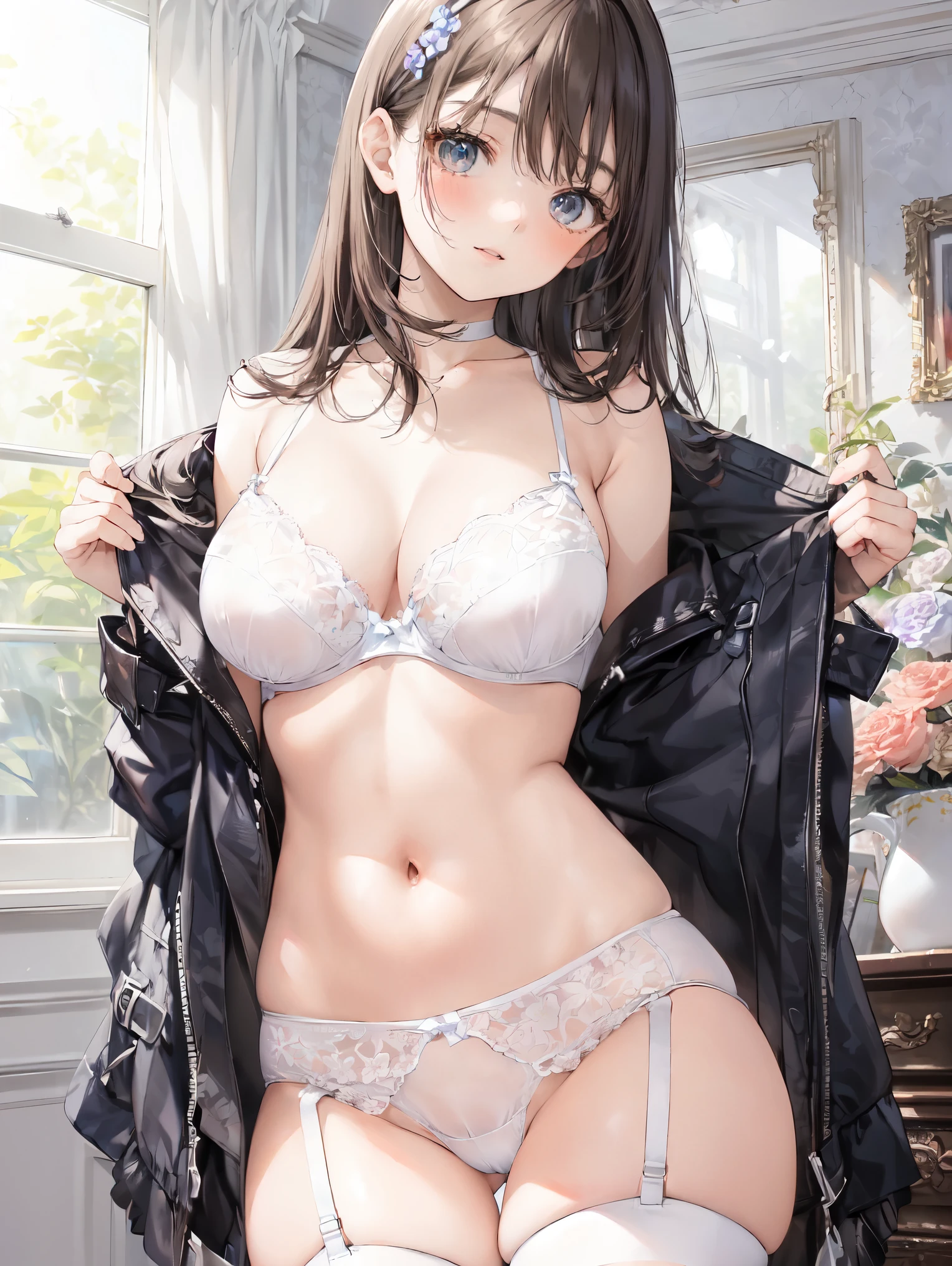 nsfw, 1Woman, cute woman, natural woman, pure woman, masterpiece, high quality, delicate ultra-detail floral-pattern white underwear, floral-pattern sheer tops, open clothes, (floral-pattern white bra), (floral-pattern high-waist white panties), (((high-waist floral-pattern white panties))), The underwear material is very soft, thin and delicate., lingerie, white stockings, zettai ryouiki, very delicate black long beautiful Hair, floral white light-blue large hair accessory, light colors, in the room, looking at viewer, cute face, smiling, [[big breast]], [[big hip]], detailed eyes, clear skin, close-up shot, Illustration, Anime, Outside the window, you can see an open forest, in a room full of numerous flowers of many kinds, flowers, cameltoe,