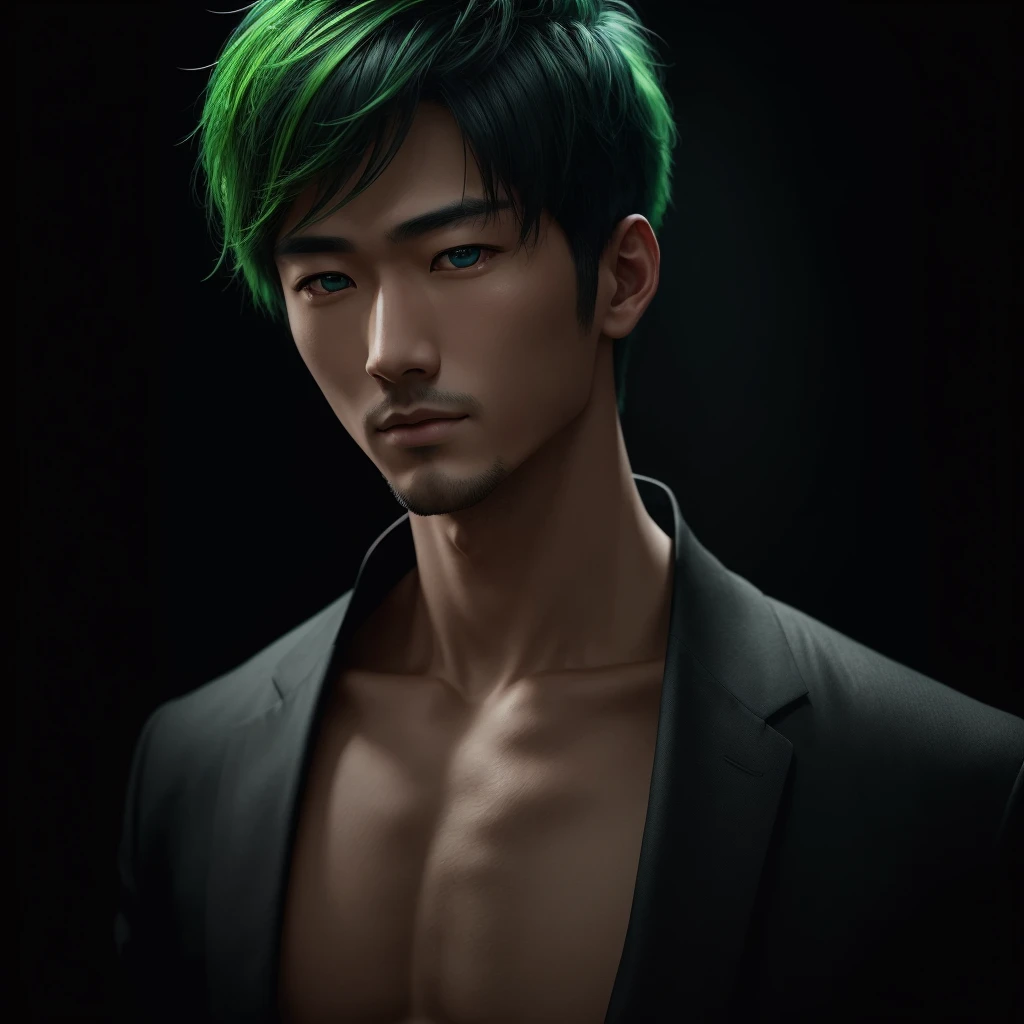 ((Wade angle)) RAW photo of a skinny Asian ((boy)), futobot, mouth mask, (cyborg), flat chested, (black shimmer hair, green eyebrow), glowing hair, (iridescent white hair), earrings, bangs, mask, walking in public, ((night time)), bokeh, neon light, ((iridescent eyes)), looking at the viewer, 1boy crop top, profile
 INFO