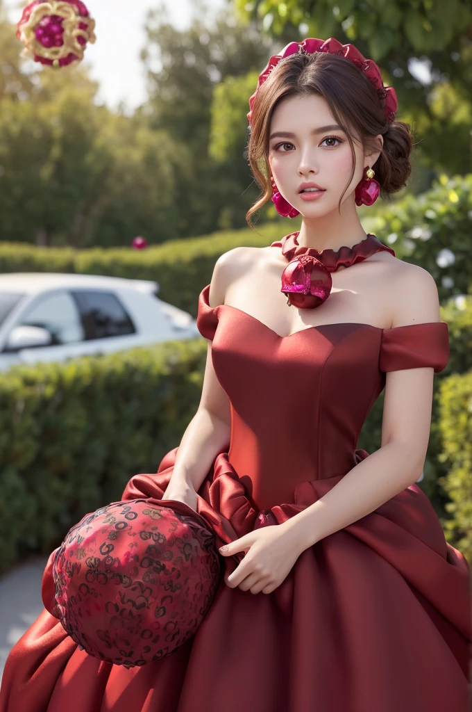 (masterpiece:1.4), (best quality:1.4), ultra high res, ultra high resolution, ((detailed facial features)), HDR, (realistic, photorealistic, photo-realistic:1.37), full body Esbian, sexy Japanese model, (-anime), vivid colors, ((vivid colors multicolor (red, fuchsia) very short hair)), (happy smile), lip-gloss, long lashes, ultra detailed metallic makeup, defined eyebrows, wearing large sparkling colorful jewelery, wearing a red silk Paradise Kiss cosplay dress with black floral embroidery, ((vivid colors outfit)), vivid colors, look at the camera, cinematic light, large park background with trees, sweet and sexy pose