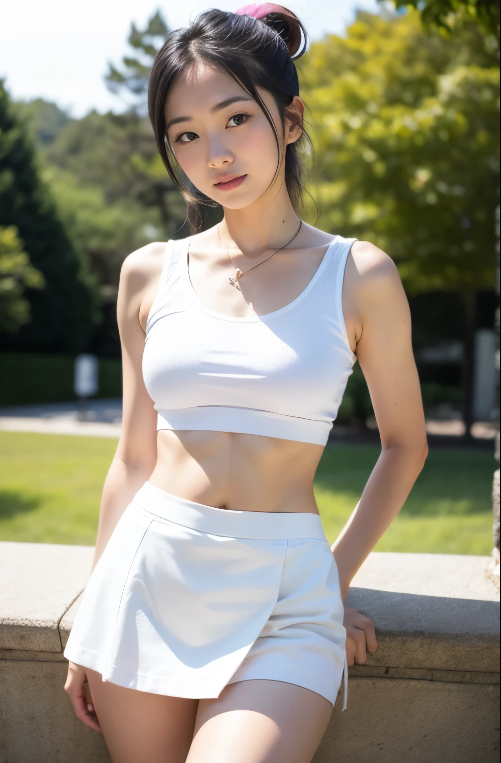 ((best qualtiy, 8K, tmasterpiece:1.3)), sharp fokus:1.2，one-girl, Beautiful Women with Perfect Figure:1.4, Slim abs:1.1, (White crop top:1.4），exteriors，rays of sunshine，gazebo，Ultra-fine face，Fine eyes，二重まぶた，Slim legs，