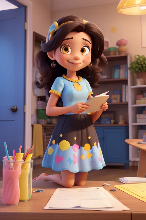 ,  light brown skin ,  brown eyes ,  long black hair,  medium light blue dress , smiling holding pink and yellow A4 sheets.  superimposed on the bottom with shelves filled with satin ribbons,  cup with several paper straws , several scissors , hot glue ,  a table with computer and press , colored pencils and paper in the colors blue, rosa, yellow and purple.