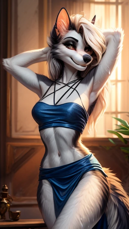 Sexy female fox, cute face, cute face, wearing sexy bikini, fıt body, big breasts, standing, high detail, backlighting, ray tracing, depth of field, close-up, bokeh, Canon, UHD, high details, anatomically correct, super detail, 8k, best quality, full body should be shown, tail should be shown in background