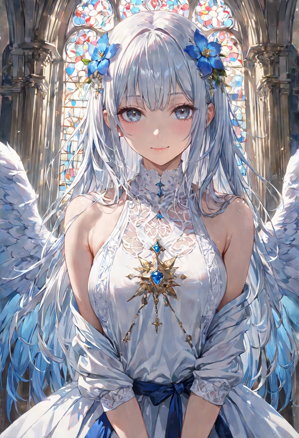 One girl with white hair and grey eyes. Wearing a sweater and a long pleated skirt. 
Slight smile, close mouth.
White-themed church, blue tones.
Hyper-detailed, ultra-realistic shadows and textures.
4K, 8K resolution, masterpiece.
Super high quality, realistic anatomy, realistic details.
Perfect anatomy, perfect posture, perfect hands, perfect eyes.
Score_9, score_8_up, score_7_up.
Angelic and ethereal atmosphere, dominant white and blue tones.