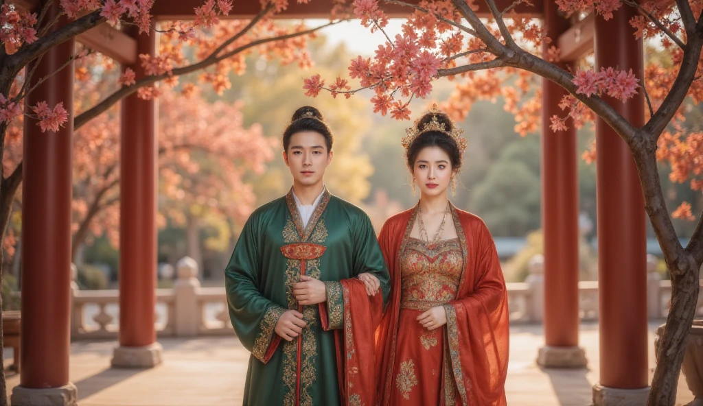 Tang Dynasty，Girls wear green Hanfu ， Boys wear red Hanfu，Golden autumn October， and bear fruit ，Pomegranate tree， and the two enter the wedding hall。 can use a festive red tone ， to show the excitement of the wedding and the happiness of the two。