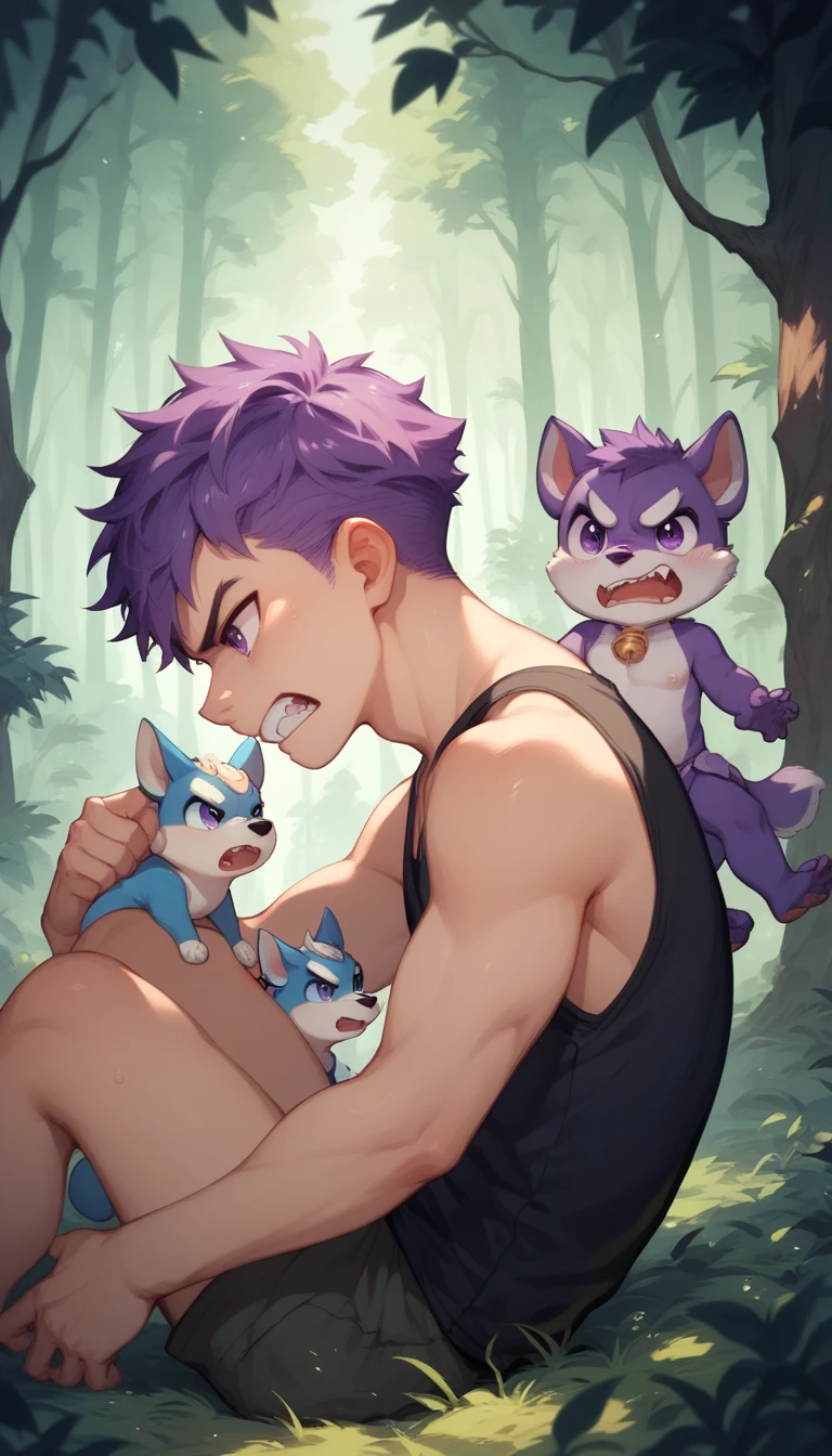 a handsome cute little young boy 3yr,angry,fantasy,power animals hybrid,messy short purple hair and purple eyes,wearing black singlet,from side,sitting in forest,showing off his canine teeth,fullbody