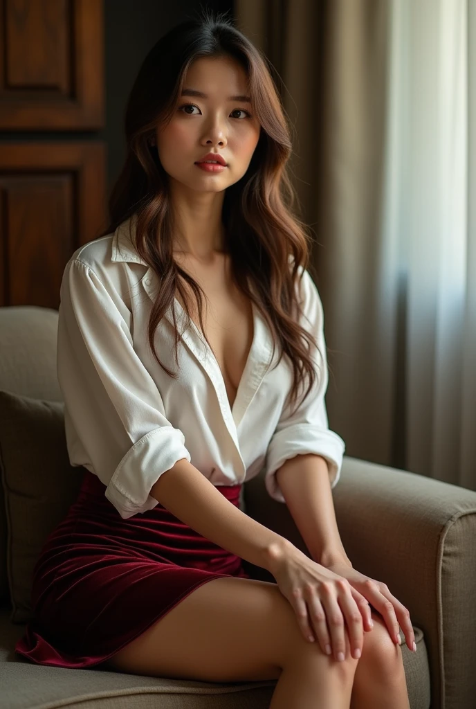 (best quality,4k,8k,highres,masterpiece:1.2),ultra-detailed,(realistic,photorealistic,photo-realistic:1.37),(1girl),(18years old),(Excella_re5:1.5),(irene1:0.5),((full body portrait:1.2)),(sharp focus:1.5),pearl skin,(skin pores:1.1), extremely detailed face and skin texture, (skin texture:1.1),black hair,tall and slender body,(192cm tall),thin and delicate figure,graceful posture,strong and defined muscles,flawless skin,defined abs,perfect curves,feminine appearance,beautiful long legs,embodying elegance and beauty,beautiful detailed brown eyes,beautiful detailed lips,extremely detailed eyes and face,longeyelashes,cleavage breasts,((wearing a (red) Cardigan with white filigree underpants)),vibrant color,simple background,professional photography,extremely detailed and realistic clothes,(colorful),naughty girl in the coffee shop,illustration,coffee enthusiast,sticker-covered laptop,steaming cup of cappuccino,playful demeanor,vintage-inspired (red) outfit,reading a book,earphones on,bokeh lights,highres,portrait,quirky style,