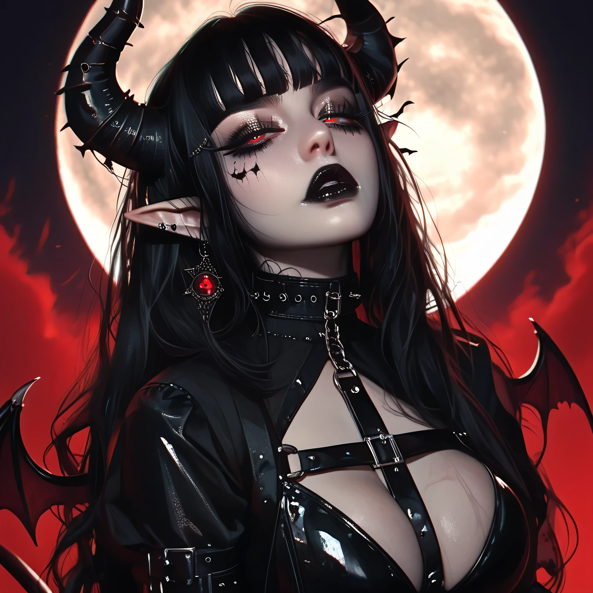 ((Masterpiece)) , ((highres)), ((full moon background)), a beautifully female,  ((long black hair)), demon horns, demon tail, defined lips, black lipstick, defined eyes, red iris, black pupil, long eyelashes, dark eyeshadow, defined nose, elf ears, large breast, hour glass figure, big butt, ((large breast)), dominatrix style dress, o ring collar, clear face, HD face, gothic, gothic style