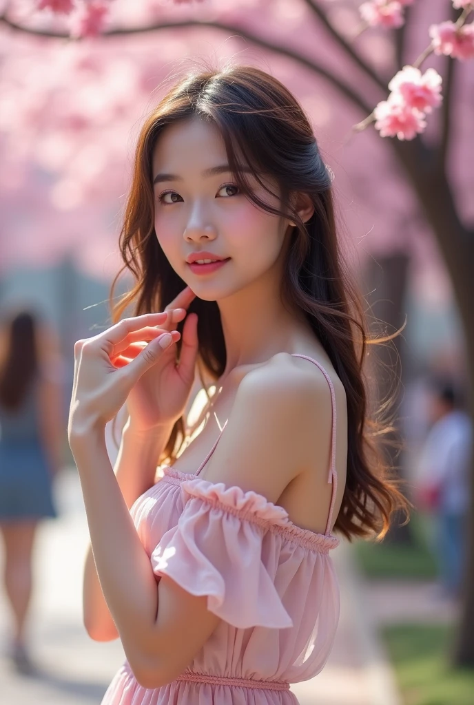 Black wavy hair, big cleavage, Japanese girl standing next to a sakura tree, holding strawberries in her hand, her bra also has a strawberry pattern, pink leaves falling from the tree, the girl smiles, 8k quality, close-up