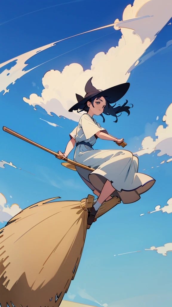  best quality, (broom_side saddle _horse riding, broom, broom horse riding, side saddle ,  sitting , from side), broom, brooms flying in the sky,  blue sky, Multiple magical girls flying in the sky , cloud,  Magic Rim, , (wind:1.4)