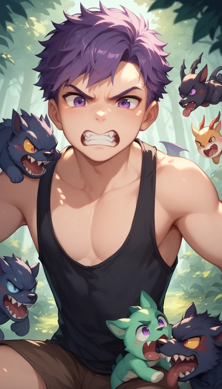 a handsome cute little young boy 3yr,angry,fantasy,power animals hybrid,messy short purple hair and purple eyes,wearing black singlet,attacked monsters,in forest,showing off his canine teeth,fullbody