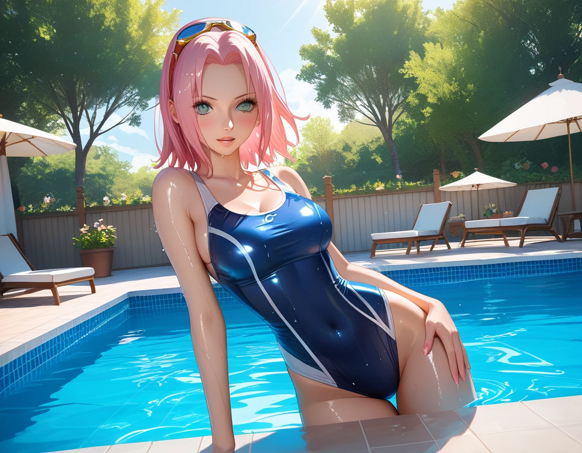 Swimming Lessons,PH Momo, momohd, phmomo, Solo, 1girl in,  Pink hair, Purple eyes, Short hair, Hair Flower, Wear a student swimsuit, Big eyes, embarrassed,