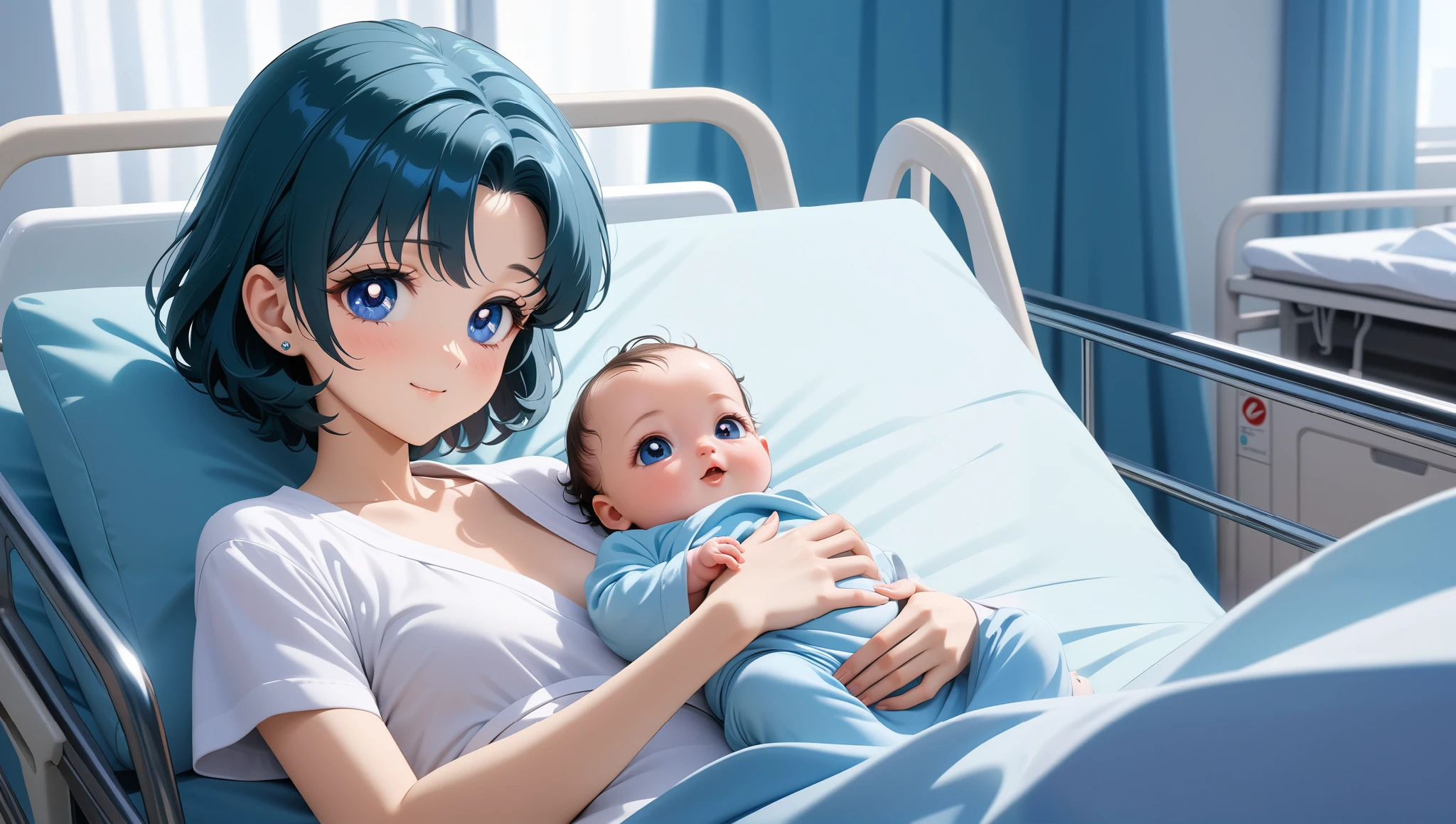 colorful, (masterpiece, best quality, very aesthetic , ultra detailed), intriguing details , 4K, short hair, blue hair, blue eyes, small breasts, 1girl, new born, , 1 girl, solo, Best quality, masterpiece, High Definition, White Hospital Gown, Hospital Bed, holding baby, Smile, various shot, Высокое разрешение