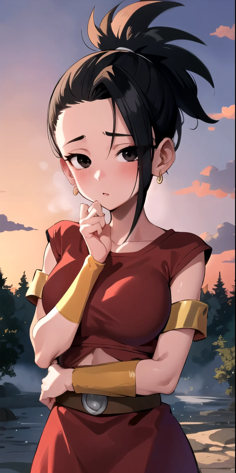 artwork, best quality, Kale, black eyes, ponytail, top cut, armband, red skirt, torso, standing, looking at viewer, nervous, In a clearing of an enchanted forest at dusk, bathed in the golden light of the setting sun, close up Light brown girl, black hair, shy look, nsfw, heat, in love, looking at the viewer,clear skin,blush,big tits,crop top