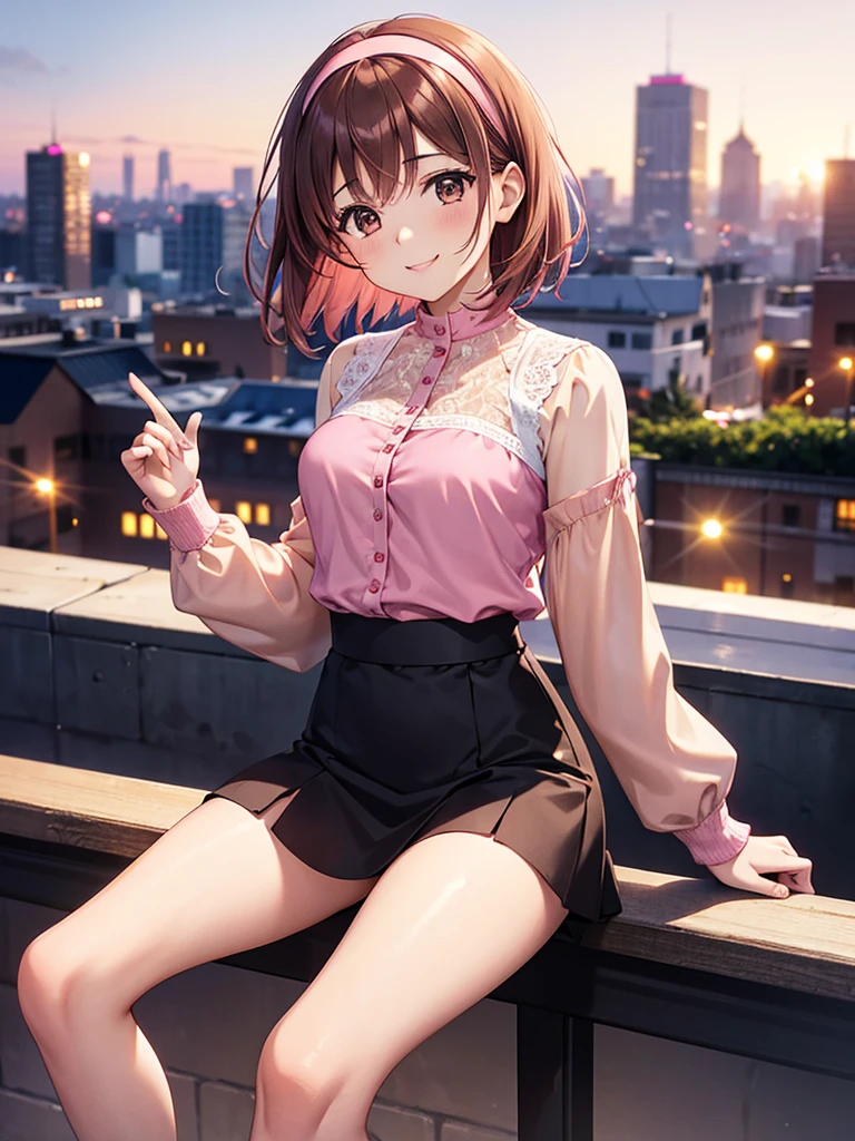 one woman, alone, middle aged, きれいなmiddle agedの女性、I could see the whole body、 ((short hair)), ((brown eyes, beautiful eyelashes, realistic eyes)), ((detailed face, blush:1.2)), ((smooth texture:0.75, realistic texture:0.65, realistic:1.1, Anime CG style)), ((glamorous body)),((big breasts)), dynamic angle, perfect body, ((light purple sheer blouse, red skirt))、(Hotel stairs)、that&#39;the wind is strong、(Very embarrassing panic smile)、I can see her panties sticking out in front of me., Angle seen from the top of the stairs、 (((The wind pulled up my skirt、My pants are completely exposed..、Pink floral panties)))、((masterpiece, highest quality, High resolution, perfect pixel, 8K,))), 