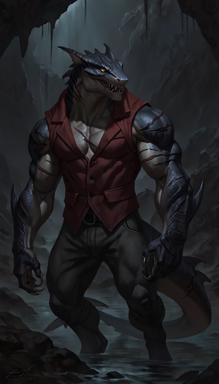 sharkfolk, anthro shark, solo, portrait, scaly, detailed skin, experienced predator, monstrous, shark snout, fins, yellow eyes, dark detailed body, matte body, toned, muscular anthro, big muscles, wearing vest, wearing red shirt, masculine, scars on body, 1male solo, anthro, muscular, thick neck, thick shark tail, marked jaw, underground water cave scenery, Helltaker style, darkness, horror, best quality, 4k, ultra-detailed, by laobai, by taran fiddler, by honovy