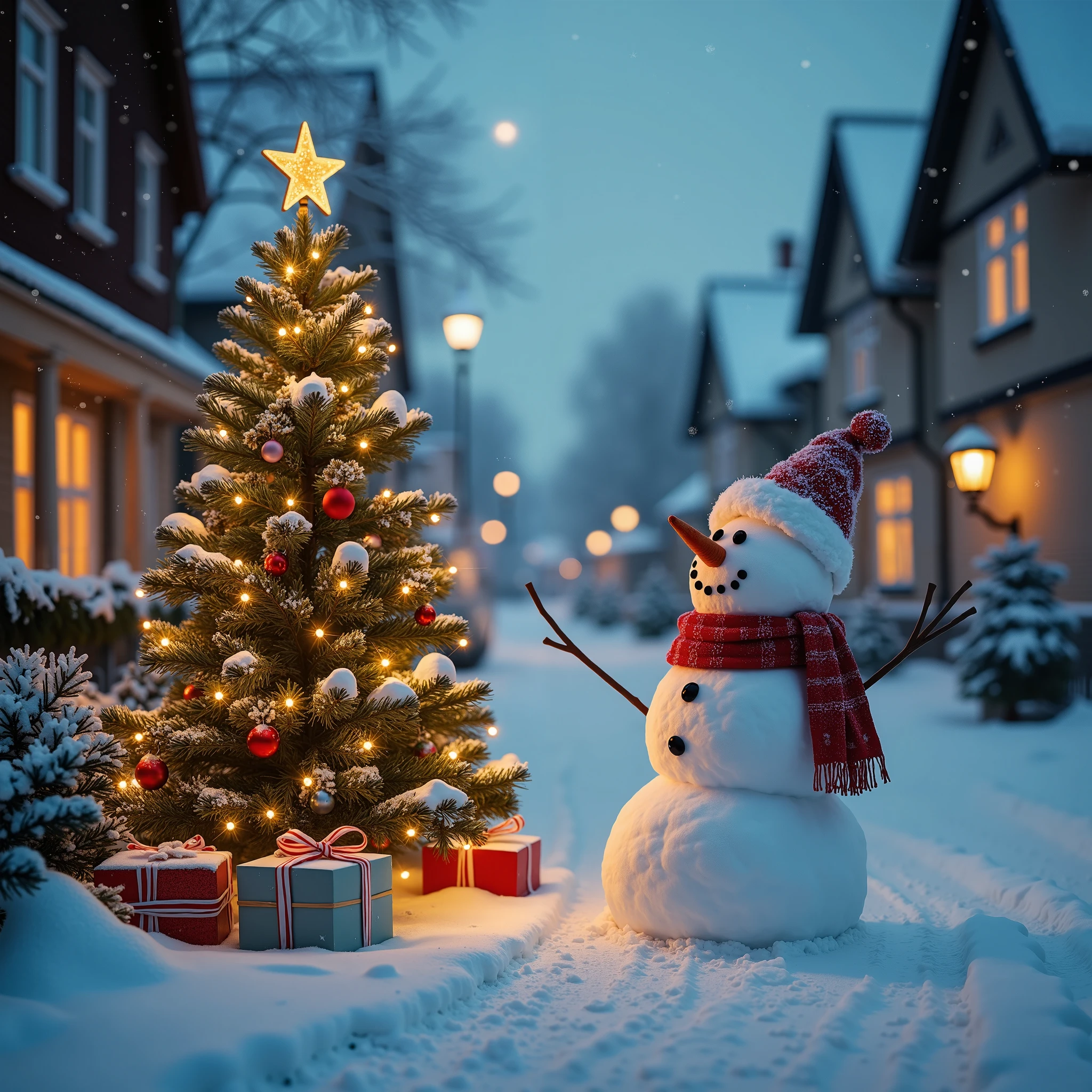 There is a snowman that is standing in the snow next to a christmas ...