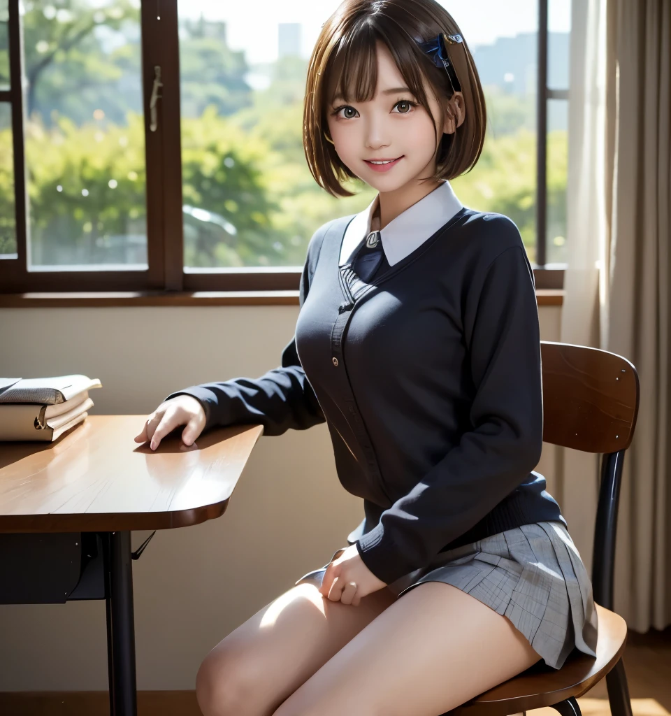 ultra highres,(reality: 1.4),highest quality, masterpiece, high detail, 16K quality, beautiful, 1 beautiful girl,japanese,super beautiful face,baby face,japanese idol face,cute face,super detailed face,detailed hand,beautiful skin,sweaty skin,big eyes,smile,profeccional lighting,short hair,brown hair,brown beautiful eyes, sitting with knee up,spread legs,spread pussy,((skirt lift)),((showing pussy)),medium breasts,navy cardigans on white shirt,cleavage,(checked skirt),(spread pussy),(detailed pussy),black high socks,she is looking at the camera,classroom,nsfw,from front,