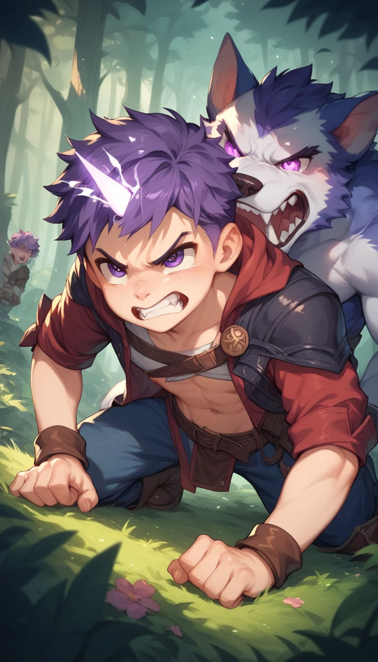 a handsome cute little young boy 3yr,angry,fantasy,power magic animals hybrid,messy short purple hair,glowing purple eyes,wearing clothes fantasy,attacked monsters,in forest,showing off his canine teeth,fullbody