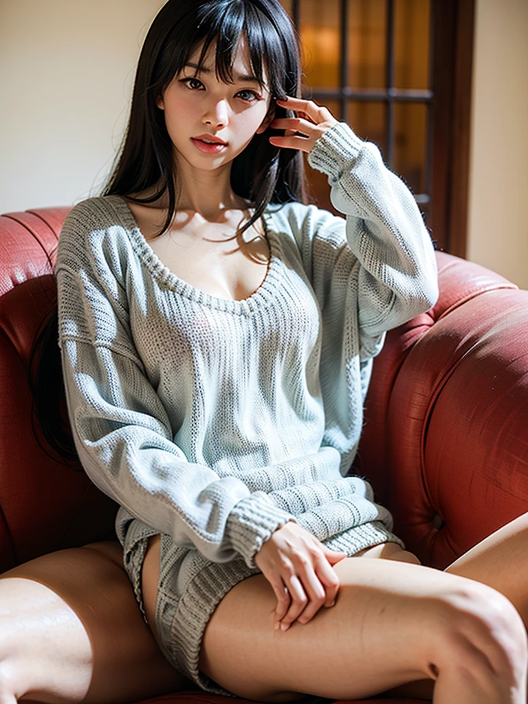 Girl wearing a revealing hand-knitted sweater made of thick yarn
