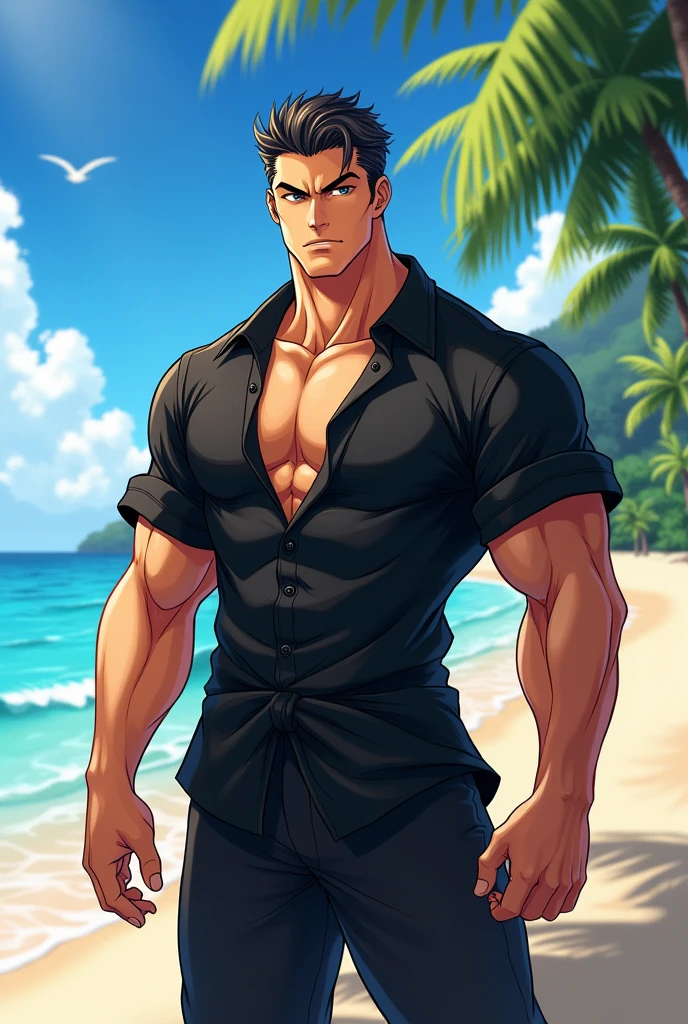 A handsome man with short hair and a sexy body, wearing a bikini and a loincloth, and looking a little excited, with the background at the beach、I want a Japanese person to look like they're rubbing their crotch and face forward. Please make a realistic picture.。
This is what I think about it for Japanese people:。
It would be better if he had shorter hair and less blue beard。