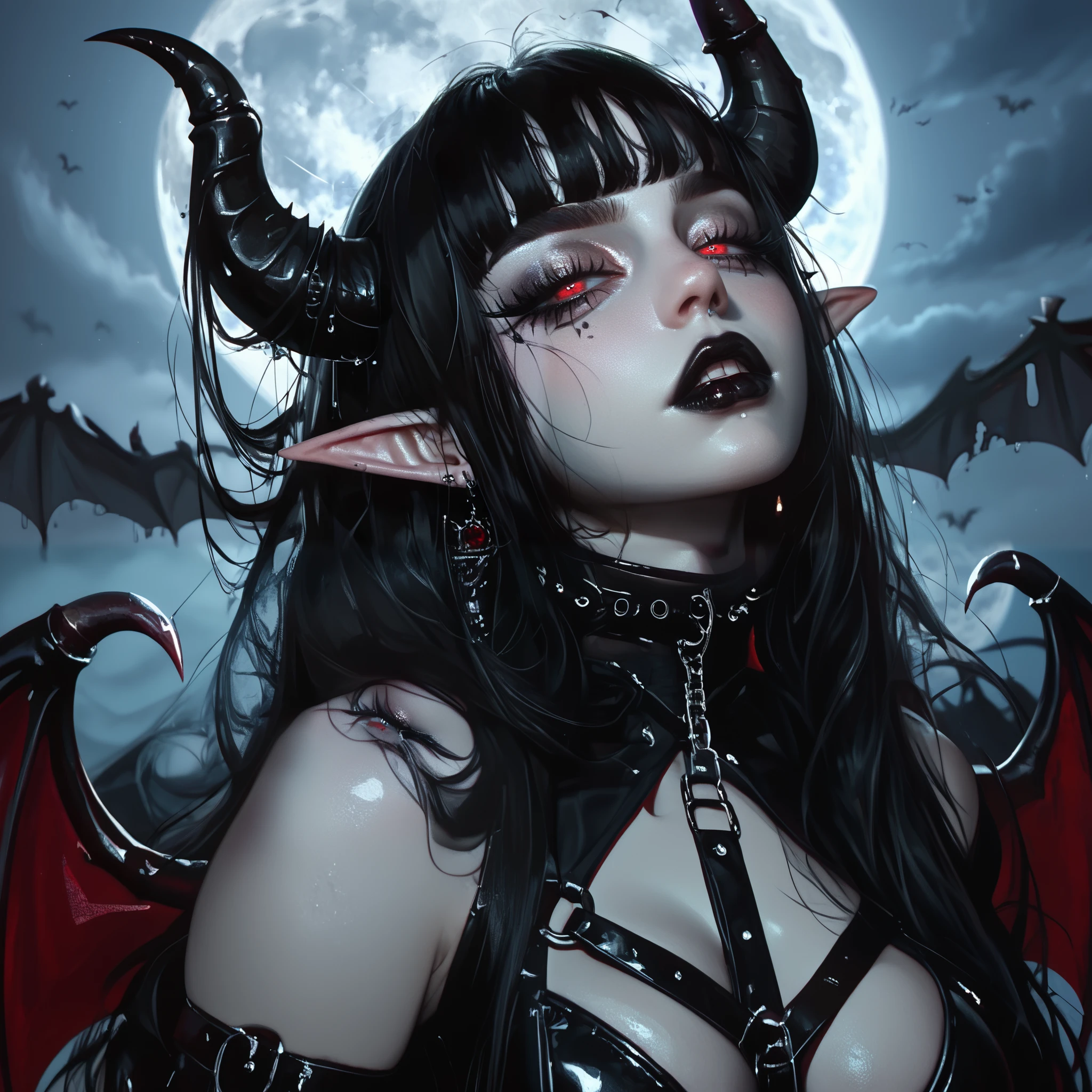 ((Masterpiece)) , ((highres)), ((full moon background)), a beautifully female,  ((long black hair)), demon horns, demon tail, defined lips, black lipstick, defined eyes, red iris, black pupil, long eyelashes, dark eyeshadow, defined nose, elf ears, large breast, hour glass figure, big butt, ((large breast)), dominatrix style dress, o ring collar, clear face, HD face, clear face, soft skin, clear skin, gothic, gothic style