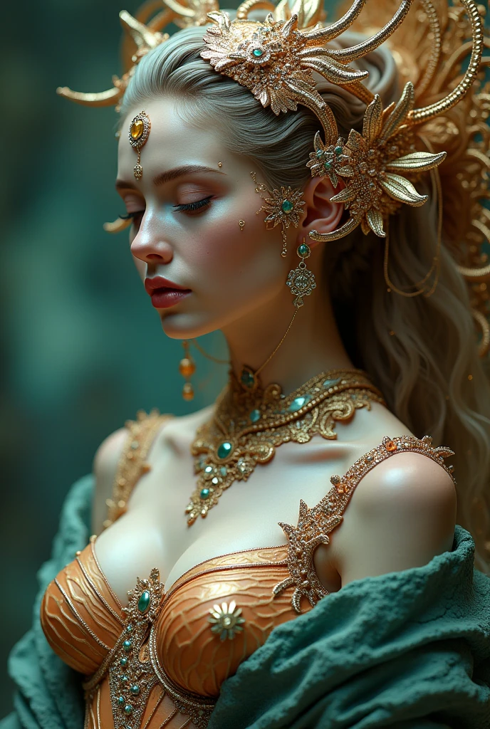 bodyart of magical celtic tattoo symbolsA radiant and ethereal figure, fair complexion,subtle glow, glitter gold makeup magical forest background, eyes shimmer with a golden hue, flowing hair cascades in waves of auburn or golden strands, crown adorned with delicate flowers and leaves, sa necklace of golden beads and precious stones, her back is adorned with b