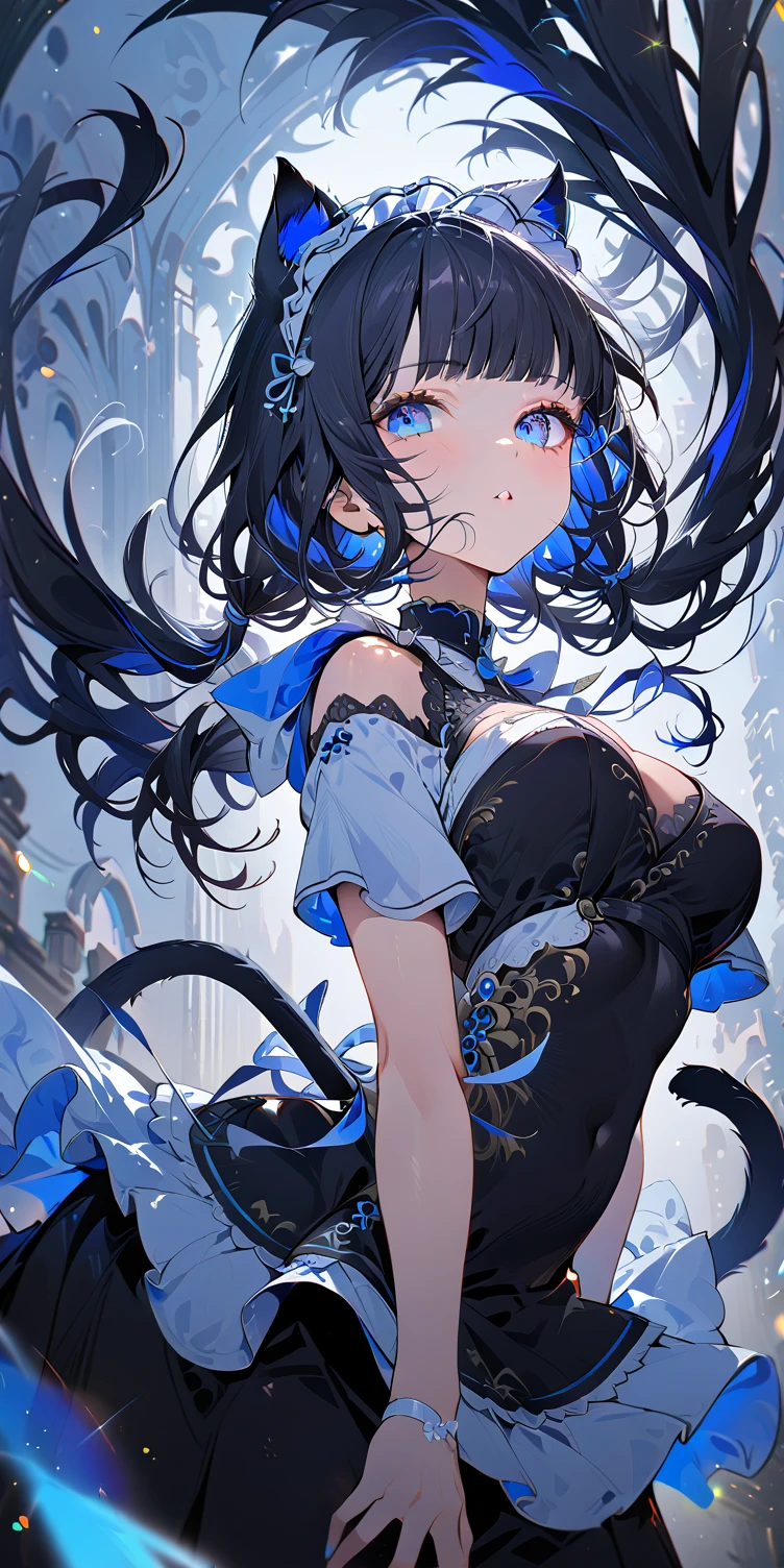 1girl, absurdly long black hair blunt bangs, blue eyes, cat ears, cat tail, chestnut mouth, large breast, open shoulder maid uniform, high waist short skirt, wind browing, floating hair, white background, contrapposto, cool expression, from below, look at viewer, soft focus, lens flare, masterpiece, best quality, vivid light color, Vector Art, 2D flat, simple shapes, professional graphic, flat color, Sleek design, 1girl, absurdly long black hair blunt bangs, blue eyes, cat ears, cat tail, chestnut mouth, large breast, open shoulder maid uniform, high waist short skirt, wind browing, floating hair, white background, contrapposto, cool expression, from below, look at viewer, soft focus, lens flare, masterpiece, best quality, Matte frosted color, Vibrant colors, Layering impasto (oil painting:1.1), ultra-detailed texture, perfect composition, intricate details, high resolution, High contrast, sharp focus, Delicate brushwork, ,AddXL,Dream Scenery