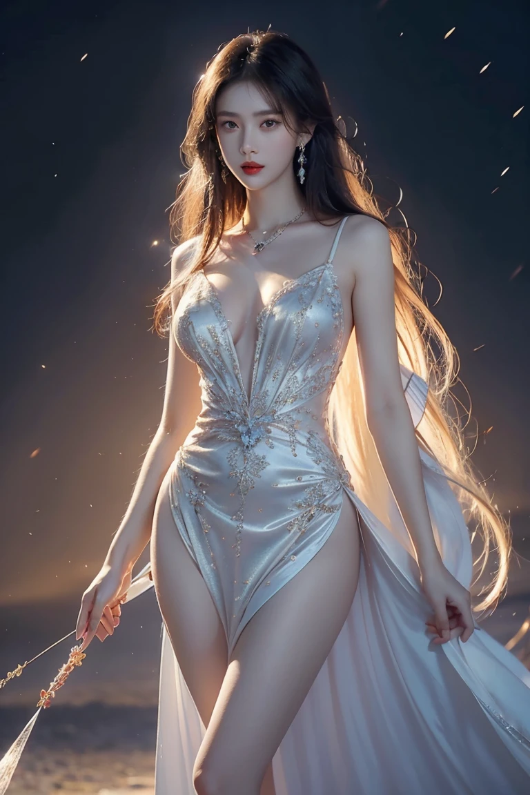 Finest CG ,  Max Image, masterpiece, Delicate and beautiful girl, (185cm Beautiful Woman), ( are tall and slender), Royal sister, Queen temperament,  white skin, (( long legs )),  Perfect Face , Bright Eyes, Seductive posture,  red lips, Beautiful and cold (Big Break)), Beautiful and heroic, soft and long hair, Sparkling, Lace Edge, mesh,  Skin Seen Through Perspective , He's wearing glasses,   Diamond Earrings ,  Ruby Necklaces , ( evening dress), 8K quality, ( Realistic Portraits ), Characters that fill the screen , ( FACIAL LIGHTING ), (( standing)