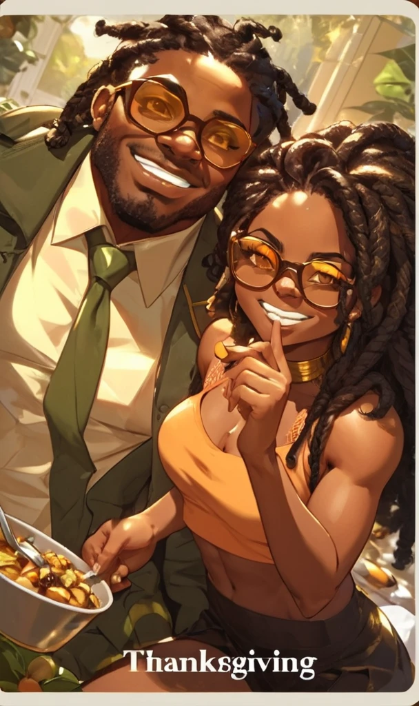 title text "Swag & Sassy Adventures", The comedic and flirty fast-paced celshaded art. It depicts an adventurous black couple named Swag and Sassy who are amist a private and alluring tango session among the stars at twilight, sweating and exhilarating. Sassy is slightly pressed against Swag as Swags holds her lower back and thigh in a moment of high passion as both blush and grin at each other. The digita splash-art is based on 2024 anime and is drawn by mori p. Swag is portrayed as a tall, 23-year-old black male with a square face, a wide nose, and an athletic build. He has almond-shaped chocolate eyes and long black dreadlocks, and he is wearing a green button-up and tan pants that complement his cool and confident personality. Sassy, on the other hand, is a sensuous short-stack black woman with a dark chocolate complexion. She has a heart-shaped face, a Nubian nose, and black urban hair. Her big hooded orange-gold heterochromia eyes are highlighted by glasses, and she is wearing a sweetheart corset and micro shorts that showcase her perfect oval physique and wide hips. Her toned abs add to her perfect body, while her mischievous cool girl charm is complemented by her cocky guy partner. The artwork is incredibly aesthetic and of amazing quality. The motion lines and details, impact frame, incredibly sharp absurdres, incredibly sharp gradients, deep highlights, cool tones, rich atmospheric shading, and sensual shadowing all add to the life-size body, dynamic angle, dynamic pose, rule of third, dynamic perspective, dynamic Line of action, dynamic scenery, and atmospheric lighting that make this piece of artwork truly exceptional exciting and hilarious