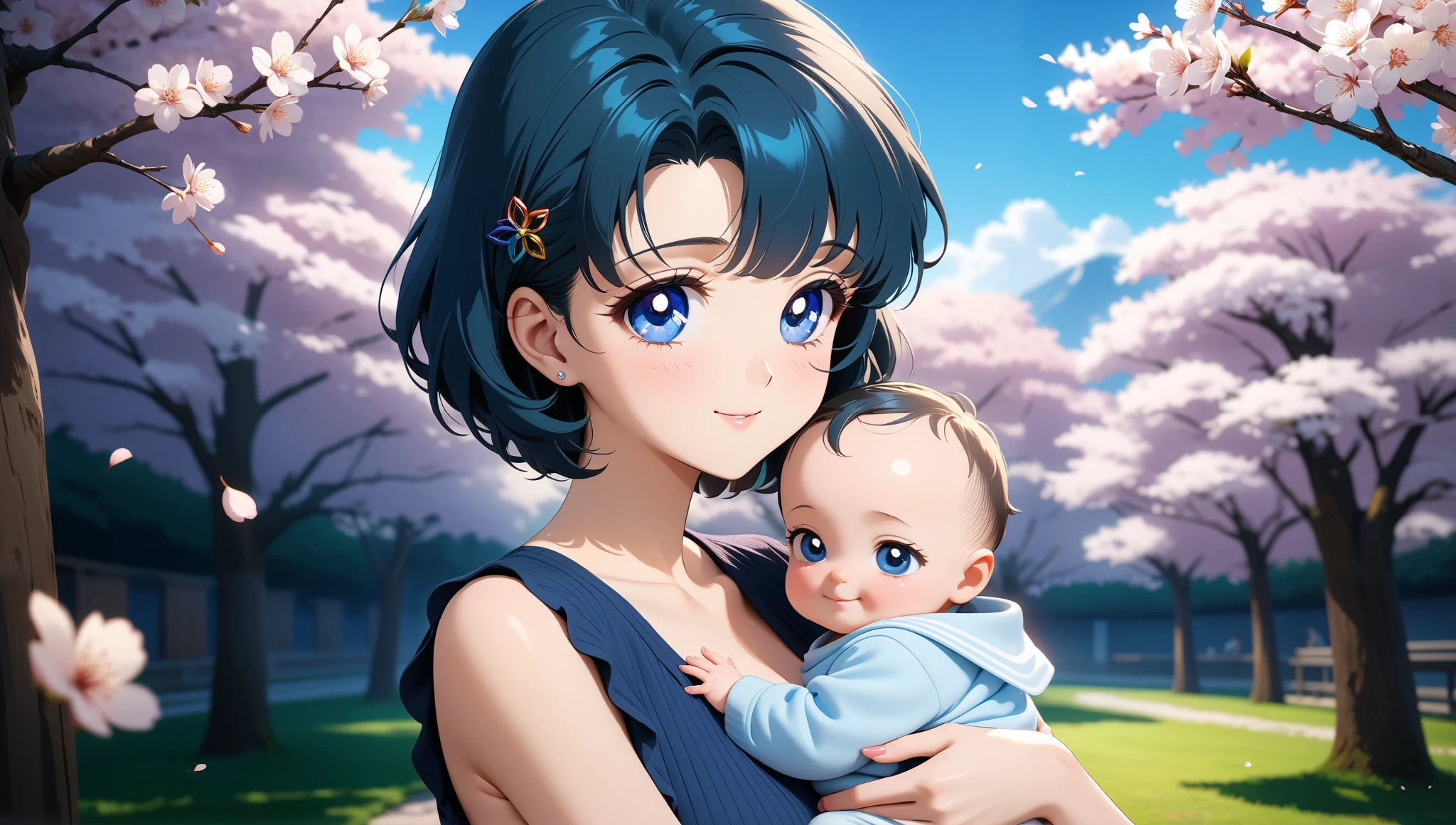 colorful, (masterpiece, best quality, very aesthetic , ultra detailed), intriguing details , 4K, short hair, hair clips, blue hair, hair combed to the side, blue eyes, 1girl, new born, , 1 girl, solo, Best quality, masterpiece, High Definition, looking at camera, white cherry blossoms, smile, detailed background, intricate details, black night, casual wear, holding baby, Smile, various shot, Высокое разрешение