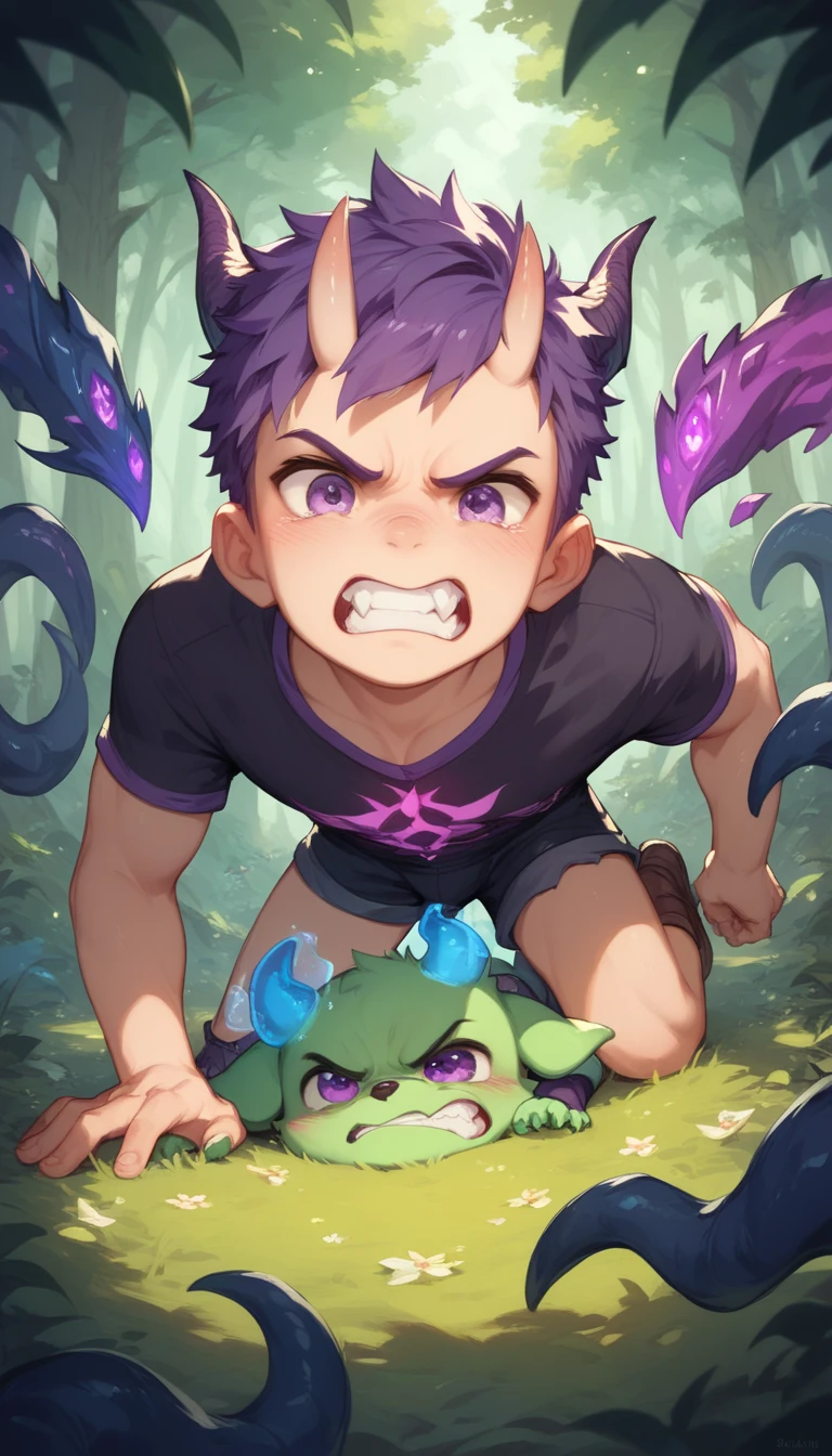 a handsome cute little young boy 3yr,angry,fantasy,power magic animals hybrid,messy short purple hair,horned and clawed,glowing purple eyes,wearing clothes fantasy,attacked monsters,in forest,showing off his canine teeth,fullbody