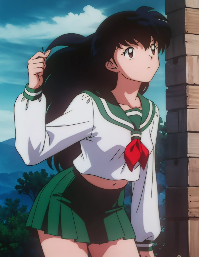 1girl, solo, outdoors, long hair, brown eyes, school uniform,(Masterpiece: 1.6, Best Quality), (Fine Beautiful Eyes: 1.2), (best quality, masterpiece, higher), green school uniform, soft thighs , long sleeves, white socks, scenery , Best Quality, ((anime)) ((Colored)) HD, Kagome Higurashi ,school uniforms, Standing, Green skirt, Red scarf, long hair, Black hair between the eyes, Thighs are soft, school background , black hair, skirt ,standing, green skirt, serafuku, belly button, navel