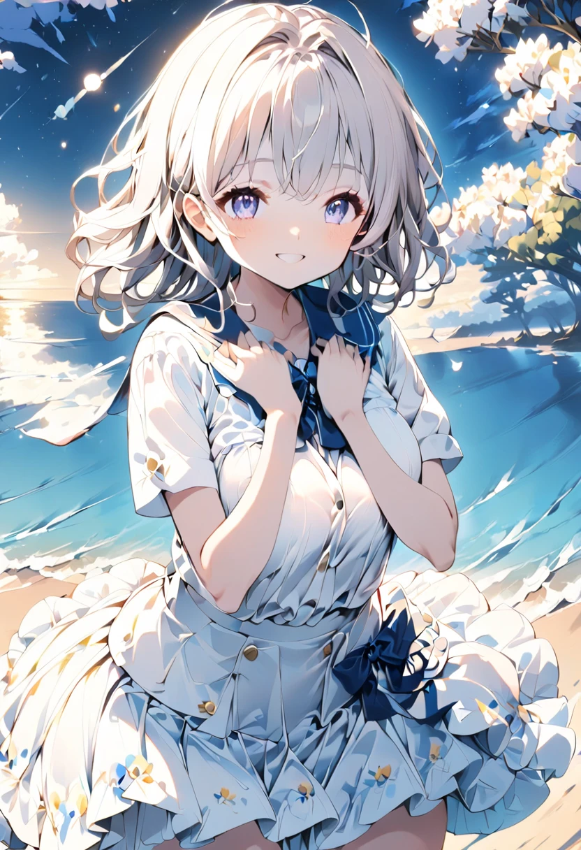 A cute white shirt that makes her look beautiful 、Light blue ruffled flared skirt、 She is holding up her skirt with both hands、Showing off her cute white underwear、The white underwear you can see when you lift up your skirt is cute、 sandy beach, beautiful ocean, Night and starry sky