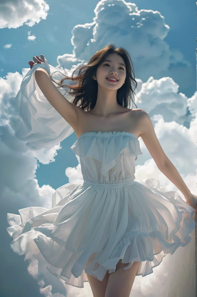  best quality, masterpiece, Illustration, Realistic, photo-Realistic, wonderful,  fine-grained, 信じられないほど high definition , huge filesize,  ultra detail,  high definition ,  Highly Detailed CG Unity 8K Wallpaper , nsfw,  A Korean girl with an angelic figure floats above the clouds.  She's smiling softly ,  and ,  Her flowing hair is being caught by the wind . She is simple, white,  A strapless mini dress that accentuates her curves .  Viewers are looking up from below , Admire her beauty .