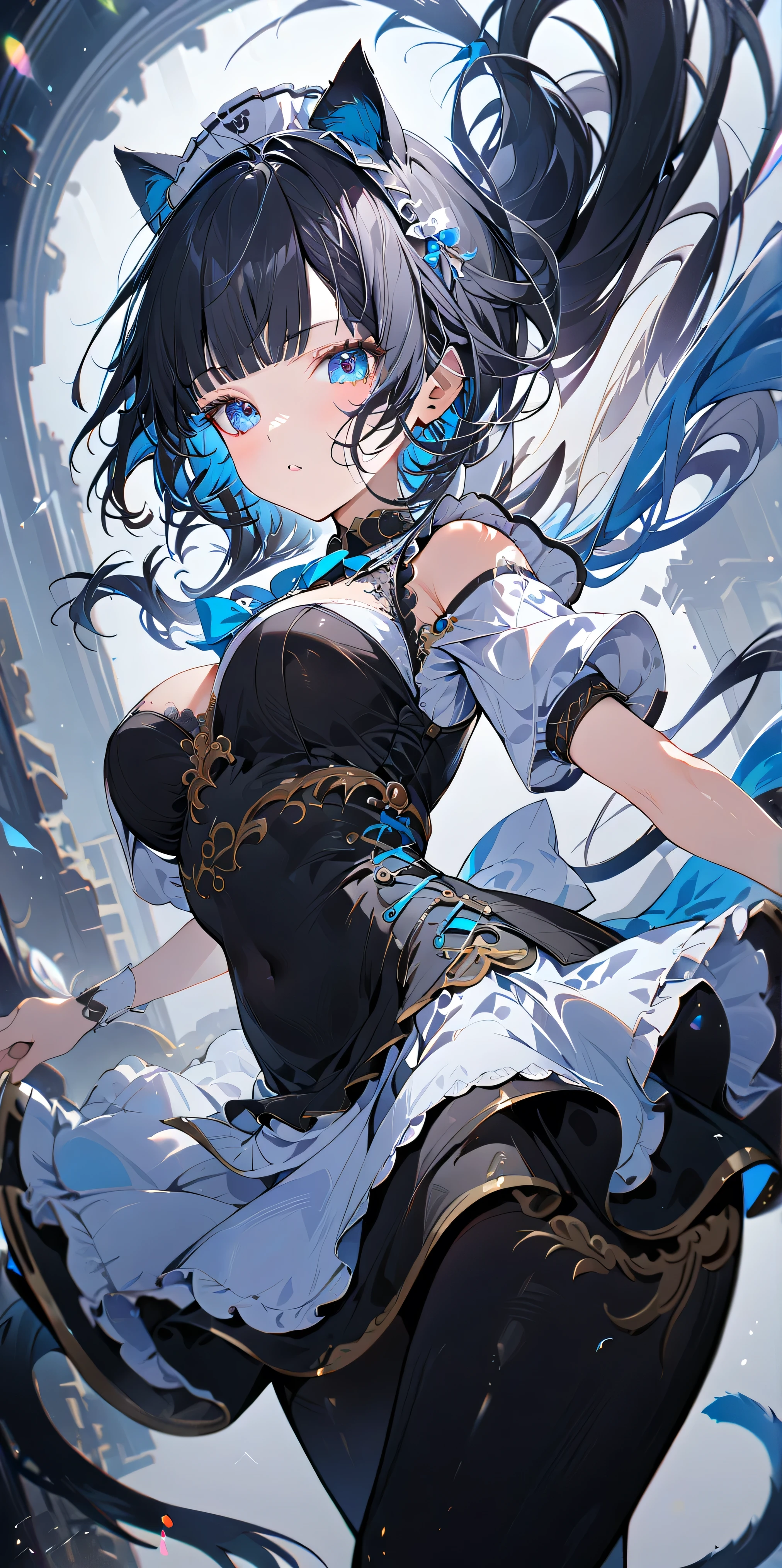 1girl, absurdly long black hair blunt bangs, blue eyes, cat ears, cat tail, chestnut mouth, large breast, open shoulder maid uniform, high waist short skirt, wind browing, floating hair, white background, contrapposto, cool expression, from below, look at viewer, soft focus, lens flare, masterpiece, best quality, vivid light color, Vector Art, 2D flat, simple shapes, professional graphic, flat color, Sleek design, 1girl, absurdly long black hair blunt bangs, blue eyes, cat ears, cat tail, chestnut mouth, large breast, open shoulder maid uniform, high waist short skirt, wind browing, floating hair, white background, contrapposto, cool expression, from below, look at viewer, soft focus, lens flare, masterpiece, best quality, Matte frosted color, Vibrant colors, Layering impasto (oil painting:1.1), ultra-detailed texture, perfect composition, intricate details, high resolution, High contrast, sharp focus, Delicate brushwork, ,AddXL,Dream Scenery