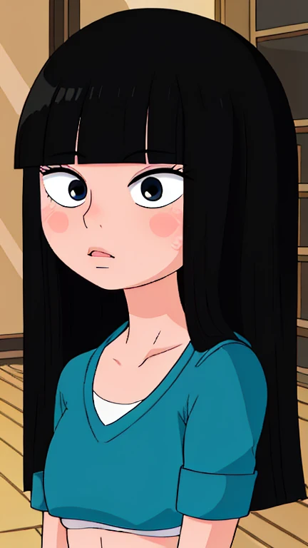 1 girl, solo, a cute girl with jet black hair, blunt bangs, and deep black eyes, , chibi, 12yo,  girl, teen, prepubescent, NSFW, in a dynamic sexy pose showing the upper body and whole body, shortstack, highly detailed, best quality, masterpiece, absurdities, beautiful face, detailed eyes, detailed face, full body, 4k, ((masterpiece)), extremely detailed, 8k, trending on ArtStation, Intricate, High Detail, Sharp focus, ckundies, 1girl, underwear, solo, black large stockings, panties, thick thighs, flat chest, thighs, navel, sports bra, (black panties), clothes writing, (indoors), (colorful),(delicate eyes and face), volumatic light, ray tracing, bust shot , extremely detailed CG unity 8k wallpaper, masterpiece, extremely detailed face, beautiful face, (detailed eyes, deep eyes), (1girl, lolita), from beside, full body, landidzu, detailed_background