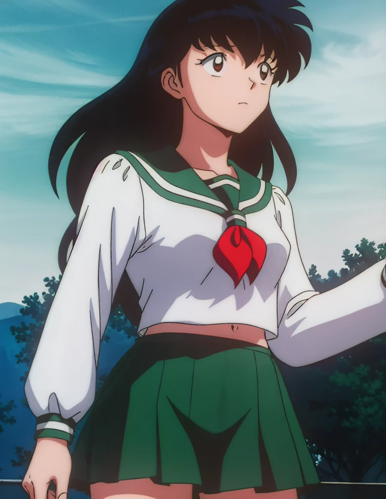 1girl, solo, outdoors, long hair, brown eyes, school uniform,(Masterpiece: 1.6, Best Quality), (Fine Beautiful Eyes: 1.2), (best quality, masterpiece, higher), green school uniform, soft thighs , long sleeves, white socks, scenery , Best Quality, ((anime)) ((Colored)) HD, Kagome Higurashi ,school uniforms, Standing, Green skirt, Red scarf, long hair, Black hair between the eyes, Thighs are soft, school background , black hair, skirt ,standing, green skirt, serafuku, belly button, navel